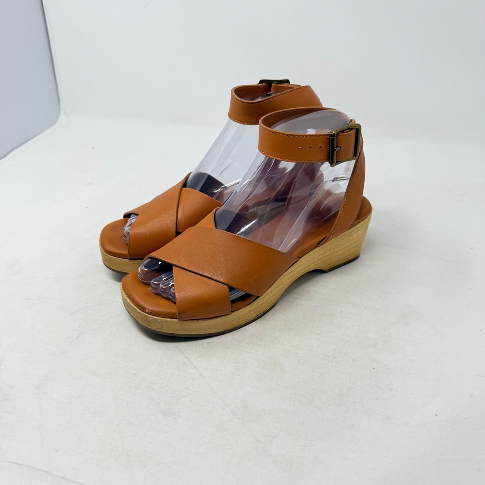 Everlane‎ Clog Sandal Cognac 5.5 Leather Wood Platform Ankle Strap Boho Classic